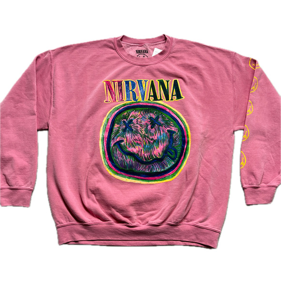 Womens Pink XL Crewneck Nirvana Smile Face Oversized Comfy Sweatshirt Pullover - Picture 1 of 10